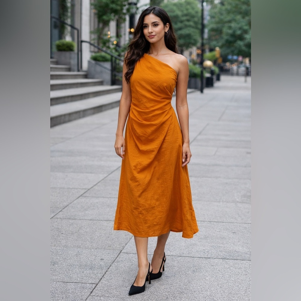 Cider Orange Cinched Waist Asymmetrical Midi Special Occassion Dress Small NWT
